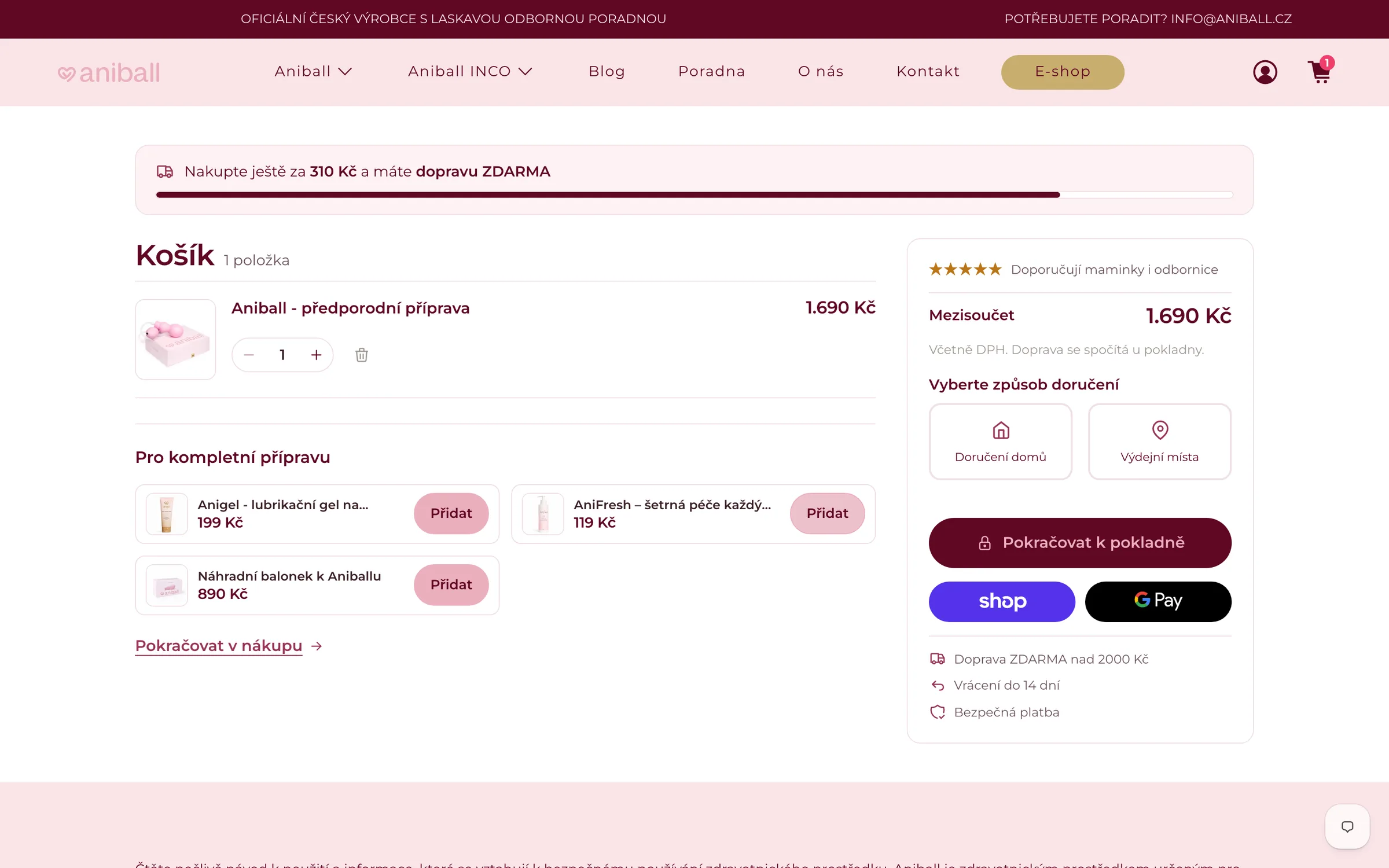 The Aniball cart after the redesign – a card with cross-sell and trust elements