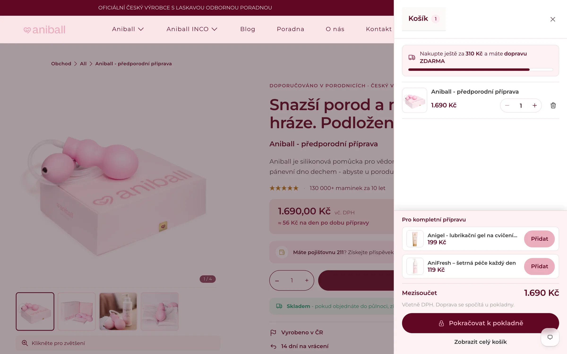 The Aniball cart drawer open over the product page