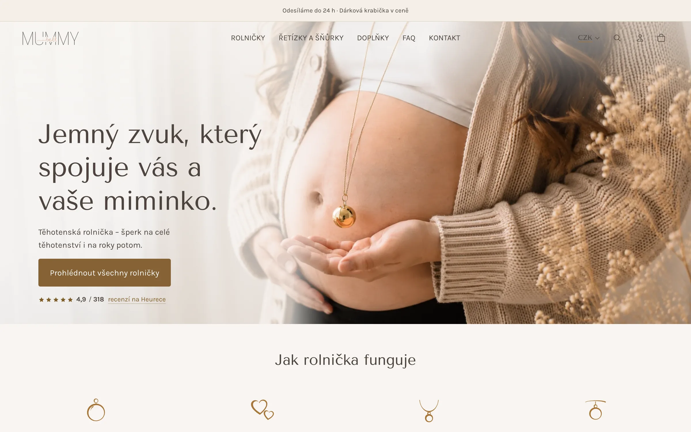 The Těhotenská rolnička homepage after the redesign – a hero with copy and the store rating